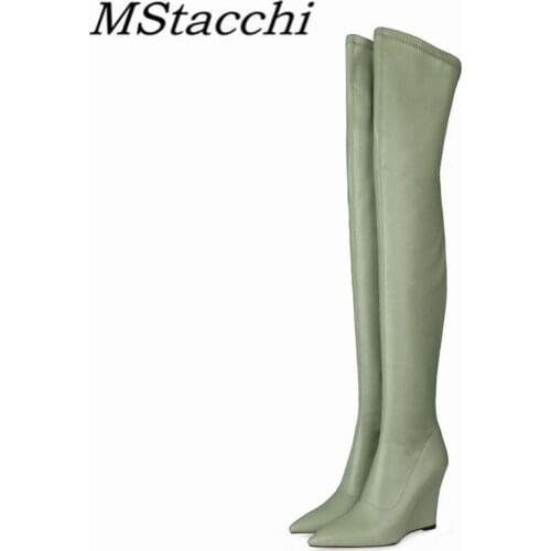 MStacchi Elegant Woman Thigh High Botas Outdoor Wedges Leather Slip-on Ladies Shoes Thick Bottom Over-knee Boots Big Size 33-43
