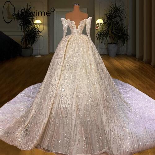 Glitter Fabric Dubai Muslim Long Sleeves Wedding Dresses 2021 Robe De Soirée De Mariage Bridal Gowns Customise