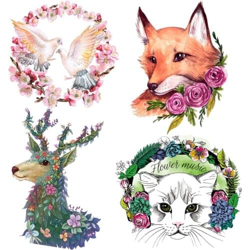 Animal Flower Patch Iron On Transfer For Clothing Deer Cat Heat Transfer Thermo Sticker On Clothes Thermal Transfers For Clothes