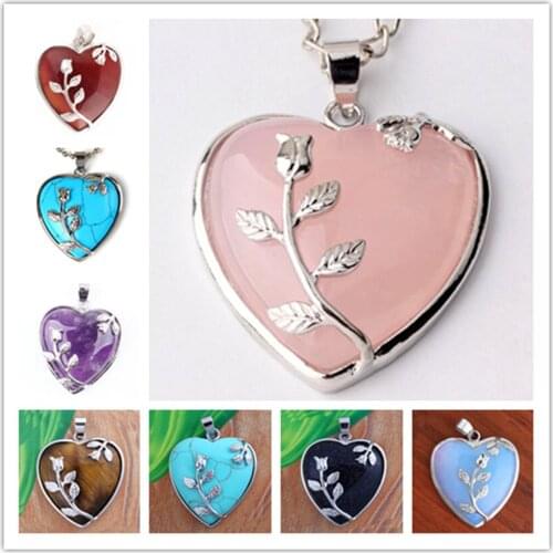 Trendy-beads Silver Plated Various Color Quartz Stone Cute Heart With Flower Leaf Pendant For Anniversary Jewelry
