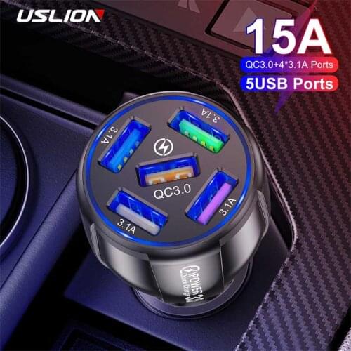 USLION 5 Ports USB Car Charge QC3.0 Quick 15A Mini Fast Charging For iPhone 12 Xiaomi Huawei Mobile Phone Charger Adapter in Car
