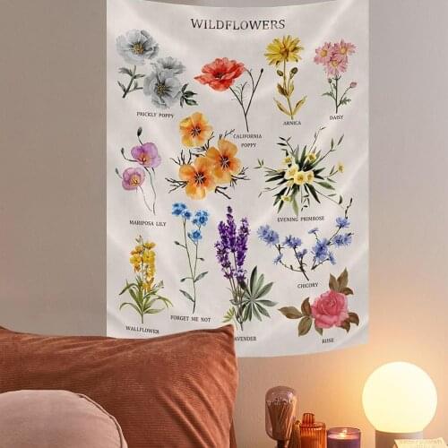 Wildflowers Vertical Tapestry Wall Hanging Flowers Reference Chart Tapestry Beige Vintage Botanical Flag Straight Tapestry