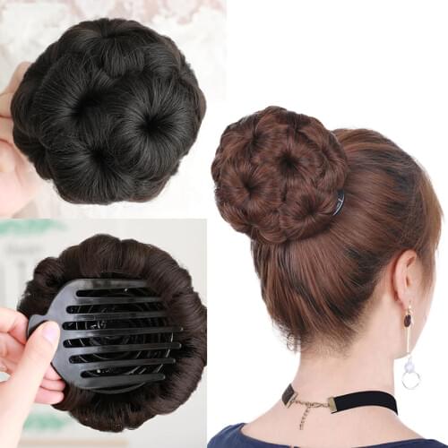 Buqi Ponytail Hair Piece Synthetic Clip In Elastic Fake 9color Flowers Claw Curly Chignon Bride Hair for Adult Women