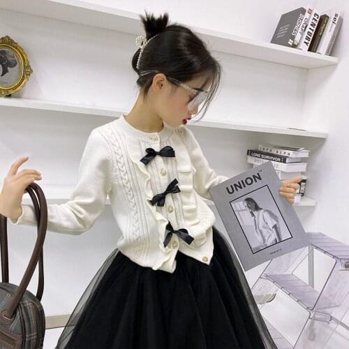 Girls' knit sweater for spring 2021 new French design temperament girl bowknot cardigan top