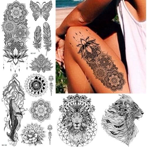 YURAN Waterproof Black Sexy Bracelet Mandala Henna Flower Tattoos Temporary Body Arm Legs Tattoo Stickers India Feather Art Tato