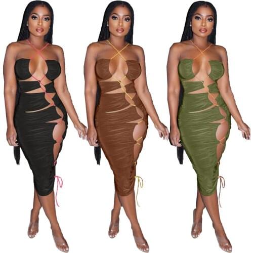 HAOOHU Womens Clothing Summer New Fashion Womens irregular Hollow Drawstring Strap hanging Neck Halter Dress