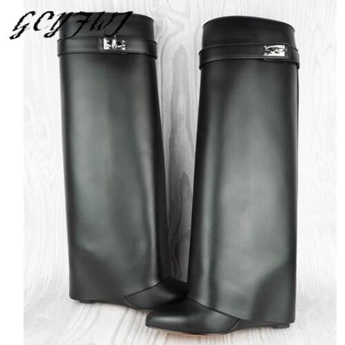Genuine Leather Womens Knee High Boots Retro Pointed Wedge Heel High Boots Buckle Strap Metal Decoration Hand-made Girl Shoes