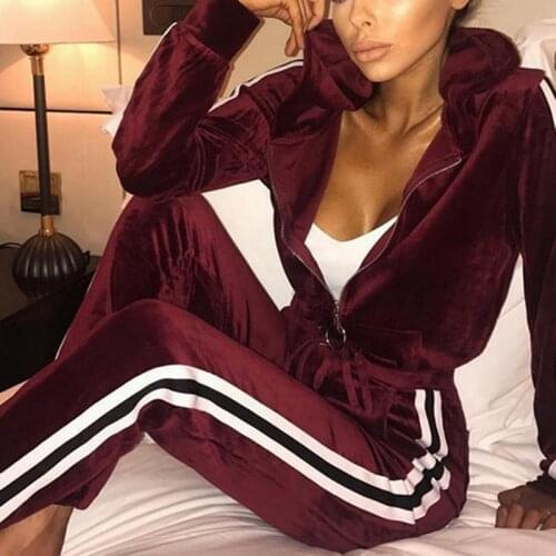 Women Set Sportswear 2020 Autumn Winter Warm Velvet Tracksuit Two Piece Set Stripe Sweatshirt Pant Sweat Suit Home Clothing