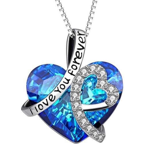 I Love You Forever Heart Pendant Necklace with Blue Crystals Jewelry for Women Girl Valentine Gift Love Heart Pendant Necklace