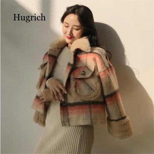 2020 Womens Autumn winter loose fashion temperament plaid fur collar full short thick warm woolen coat female hugrich