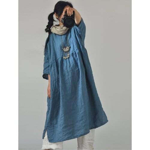Women Spring Summer Linen Dress Ladies Vintage Flax Solid Color Loose Dresses Female Plus Size Linen Robe Dress