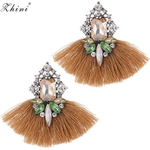 ZHINI Bohemian Long Tassel Dangle Earrings Fashion Wedding Gift Vintage Round Green crystal Drop Earring For Women Jewelry