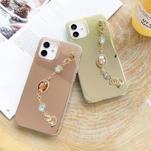 Mirror Makeup Glitter Phone Case For iPhone 11 12 Pro Max 12MiNi 7 8Plus SE2 X XR XS Case With Gem Diamond Bracelet Chain Cover