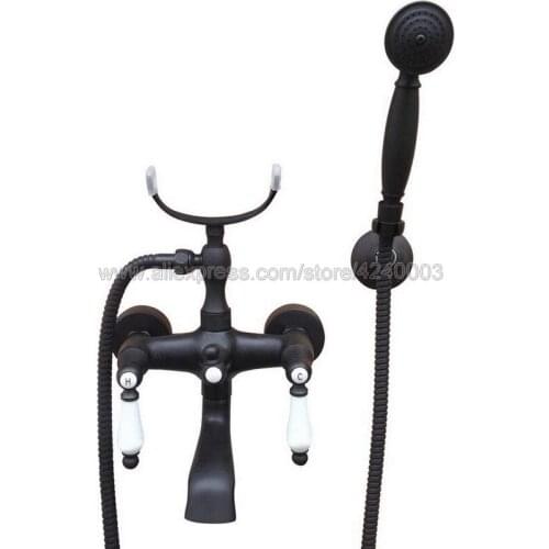 Black Oil Rubbed Bronze Dual Handles Brass Bathtub Faucet Set Wall Mount with Handshower Bath Shower Mixer Taps Ktf616