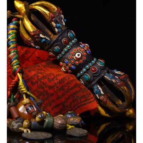 10"Tibet Temple Collection Old Bronze Gilt mosaic gem Dzi Bead Dorje Vajra Phurpa Dharma Pendant Town House Exorcism