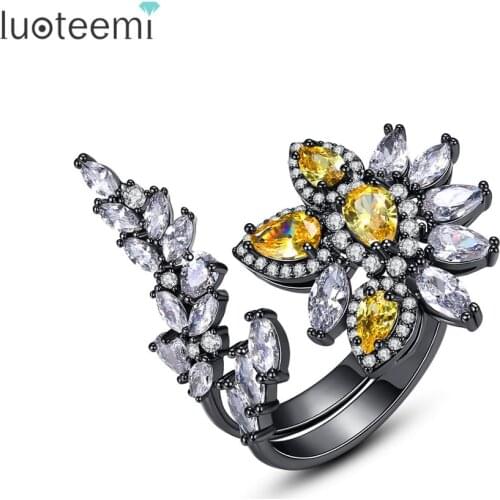 LUOTEEMI Vintage Open Flower Ring for Women Party Fashion Jewelry Finger Leaf Cocktail Anillos Mujer Bijoux Femme Christmas Gift