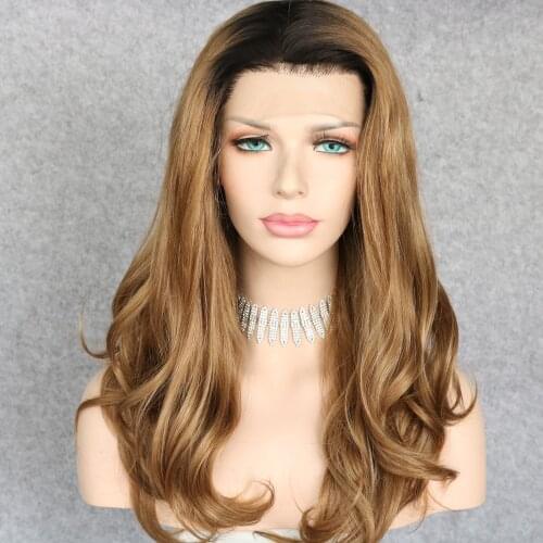 Lvcheryl Synthetic Lace Front Wigs Ombre Dark Roots To Brown Short Wavy Hair Wigs Heat Resistant Hand Tied Hair Wigs for Women