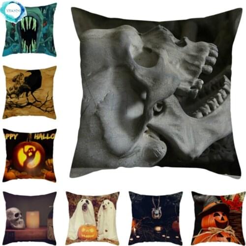 Halloween Nightmare Pumpkin Ghost Printed Throw Pillow Cover Cotton Linen Cushion Cover for Home Sofa Decoration 45x45cm