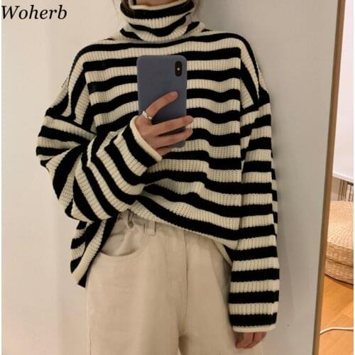 Woherb Autumn Turtleneck Sweater Vintage Women Harajuku Jumper Striped Pullovers Sweaters Korean Vintage Knitwear Tops