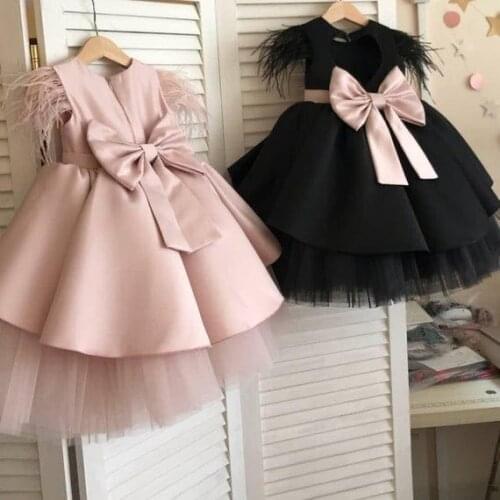 Girls Celebration Dresses Feather Cap Sleeve Baby Birthday Dresses Christening Dresses With Big Knot
