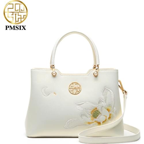 PMSIX luxury White Leather Handbags For Women Elegant Embroidered Ladies' Designer Shoulder Bag Simple Messenger Bags 2021