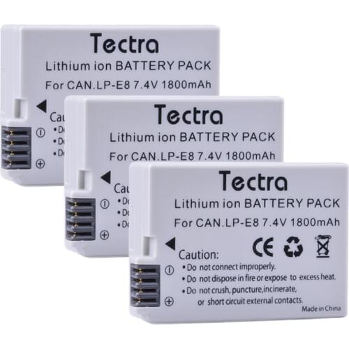 Tectra 3pcs/pack LP-E8 LP E8 7.4V/1800mAh Replacement Camera Battery for Canon EOS 550D 600D 650D 700D Rebel X4 X5 X6i X7