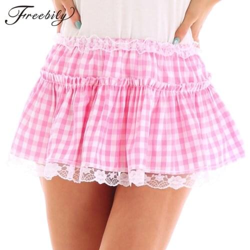 New Unisex Adult Elastic Waistband Women Short Skirt with Lace Hem Pleated Gingham A-line Micro Mini Skirts Men Sexy Sissy Skirt