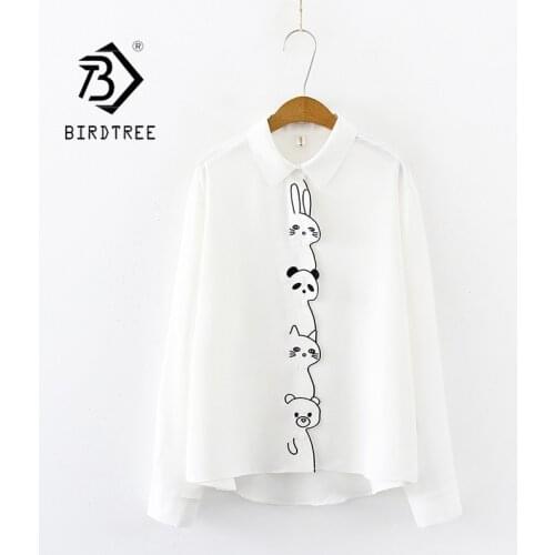 Women Cartoon Rabbit Panda Cat Bear Embroidery Cotton White Shirt Turn-Down Collar Button Up Cute Girls Blouse Feminina Blusa T9