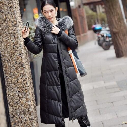 Women 2020 Winter Sheepskin Leather Jacket Real Fox Fur Collar Hooded Duck Down Coat Chaqueta Mujer F8525 YY488