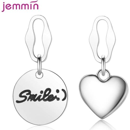 Retro Style Women Stud Earrings With Asymmetric Pendant Genuine 925 Sterling Silver Stud Earrings With Sweet Heart Shape Pendant