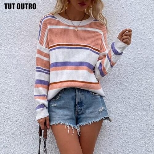 2021 Autumn O-Neck Loose Knitted Sweaters Women Fashion Striped Oversized Pullovers Tops Female Casual Long Sleeve Jumpers