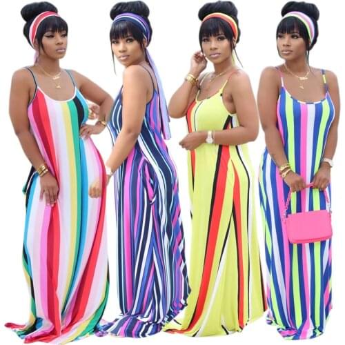 Women Summer Colorful Print Maxi Long Dress Women Strap Striped Sleeveless Beach Dress Elegant Sundress 2020 New