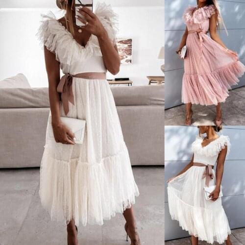 2021 Elegant Deep V-Neck Sexy Mesh Dress Formal Pleated Women Short Sleeve Belt Large Hem Dress for Banquet Evening Party Dress