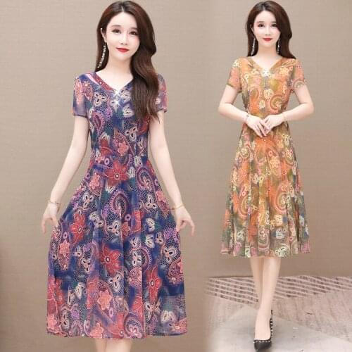 High quality summer women chiffon dress casual V-neck retro flower print work midi dress ladies fashion boho beach dress robe