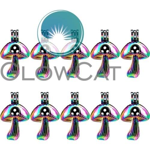 10x C676 Rainbow Color Mushroom Beads Cage Jewelry Making Perfume Essential Oil Diffuser Stone Pearl Cage Locket Pendant
