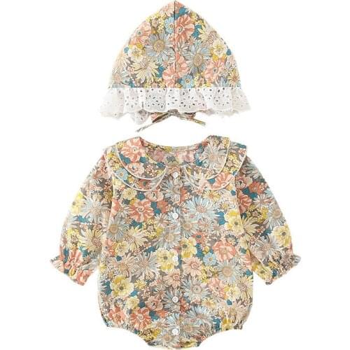 6-24 Months Baby Spring Bodysuits Baby Girl 2 Pieces Suits Long-sleeved Jumpsuit +lace Hat Newborn Baby Floral Bodysuit with Cap