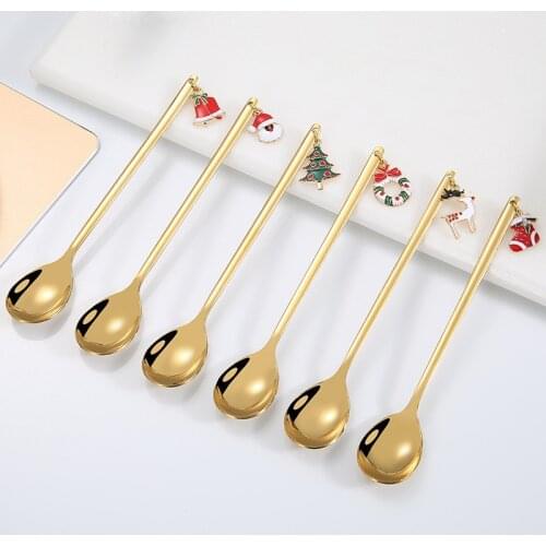 6pcs Christmas Spoons Stainless Steel Coffee Spoon Long Handle Ice Cream Tea Dessert Spoons Kitchen Hot Drinking Flatware