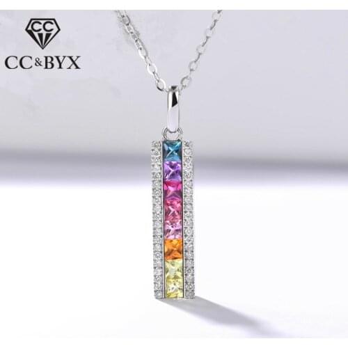 CC S925 Sterling Silver Rainbow Pendants For Women Square Cubic Zirconia Simple Charms Colorful Stone Necklace Party Gift CCN195