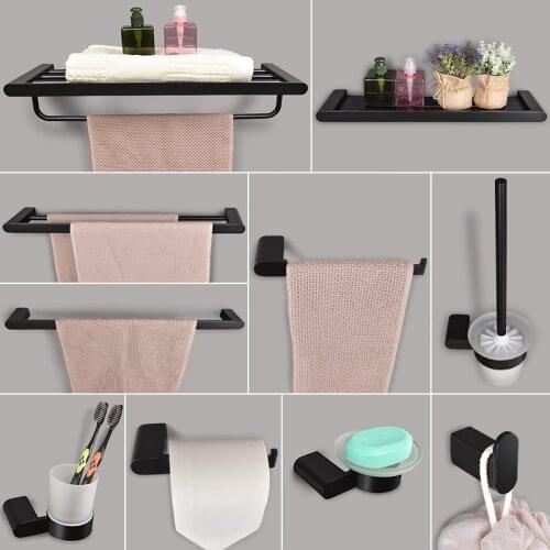 Black matte bathroom accessories assembly 304 stainless steel toilet paper holder brush shelf storage bar towel