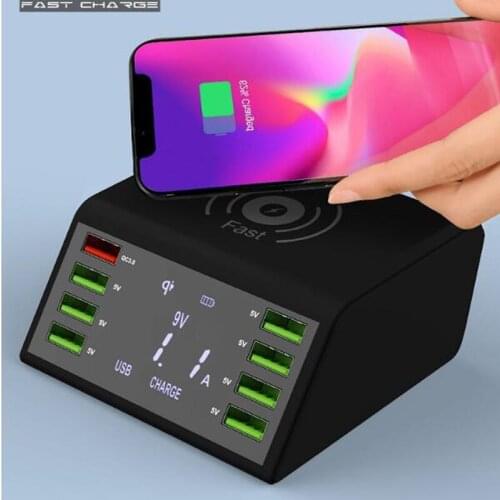 Digital display intelligence 8USB Phone Fast Charger QC 3.0 10W Wireless Charger Adapter 60W charging station
