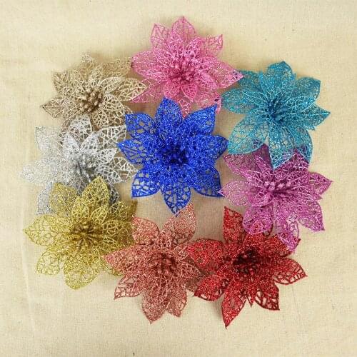 10pcs 14cm Christmas Artificial Glitter Flower Hollow Fake Flower Head Ornament for New Year Home Party Xmas Tree DIY Decoration