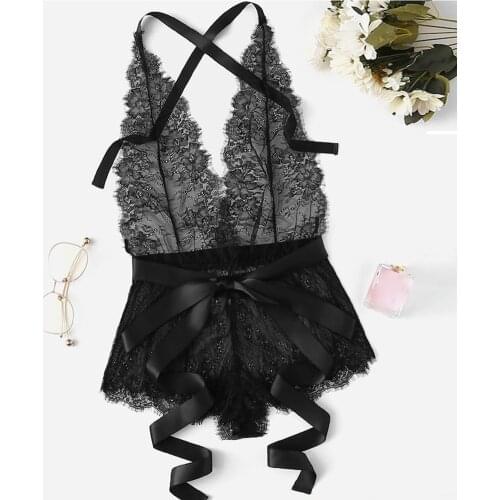 Women Eyelash Lace Underwear Women Set Criss Cross Romper Sexy Lingerie Siamese Sleepwear Bodysuit Solid Lingerie Femme