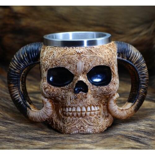 Stainless steel skull mug viking ram homed pit lord warrior beer goat horn resin tankard coffee mugs tea cup halloween bar gift