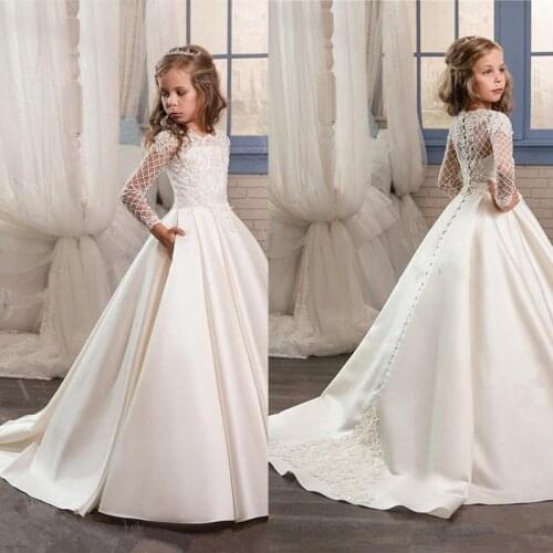 Long Sleeves Floor Llength Stain Cute Kids Formal Wear 2018 Applique Jewel Flower Girl Dresses Little Girl Dresses