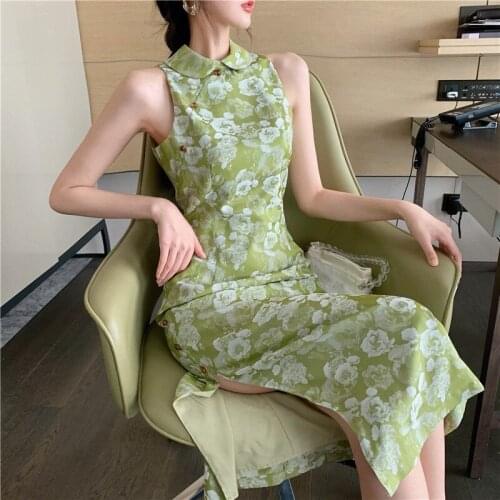 Retro improved cheongsam dress temperament slim waist green floral slim dress side split sexy women dress