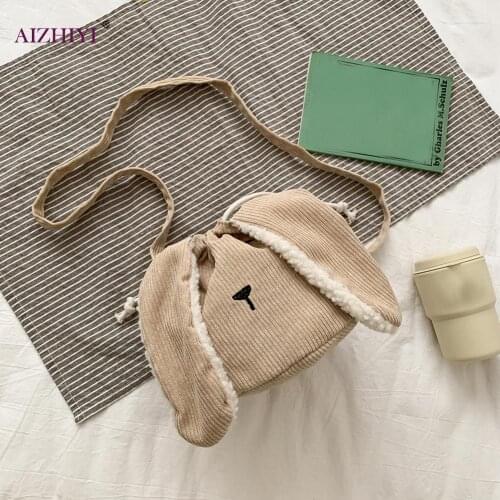 Rabbit Shaped Corduroy Shoulder Crossbody Bag Women Corduroy Drawstring Handbag Autumn Street Clutch