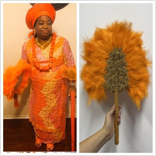 Orange Feather Hand Fan Handmade African Dance Lace Feather Fans for Wedding Party Gift Dropshipping Top Wedding Decoration