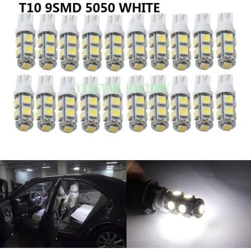 Yiastar 100x LED T10 W5W LED Bulbs 9SMD 5050 W5W T10 LED White auto car wedge clearance lights W5W 194 168 led interior lamp