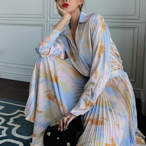 SHENGPALAE Tie Dye Pleated Skirt womens spring autumn Blue Long High Waist Skirts Womens 2021 Swing Korean Fashion Skirt