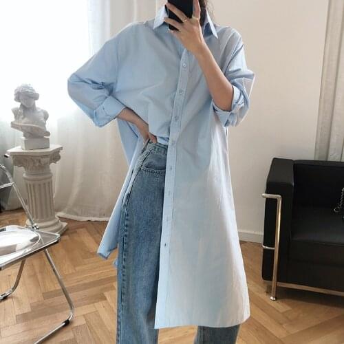 Spring 2021 Turn Down Collar Woman Cotton Shirt Dress Straight Loose Long Sleeve Women Midi Dresses pure color A line Dress